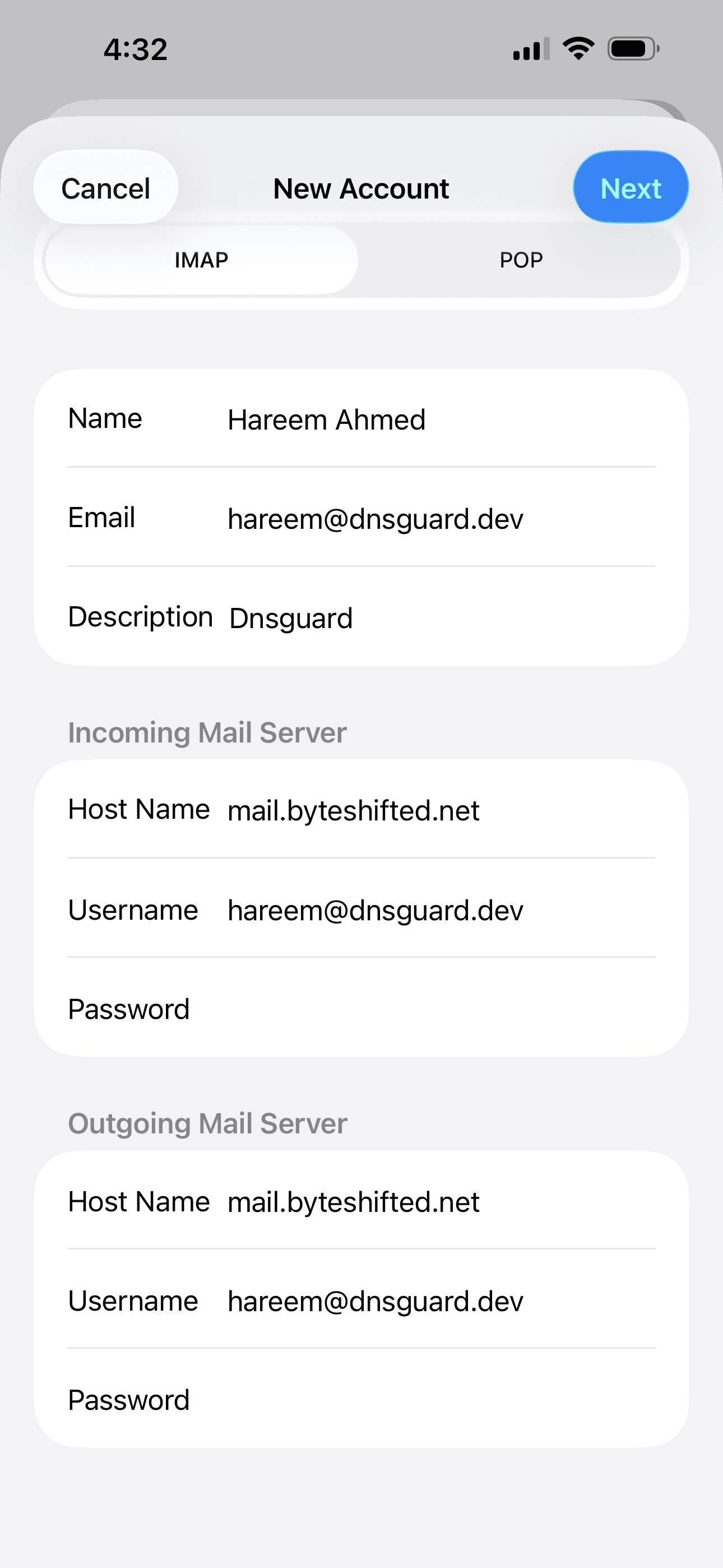 IMAP incoming and outgoing server settings