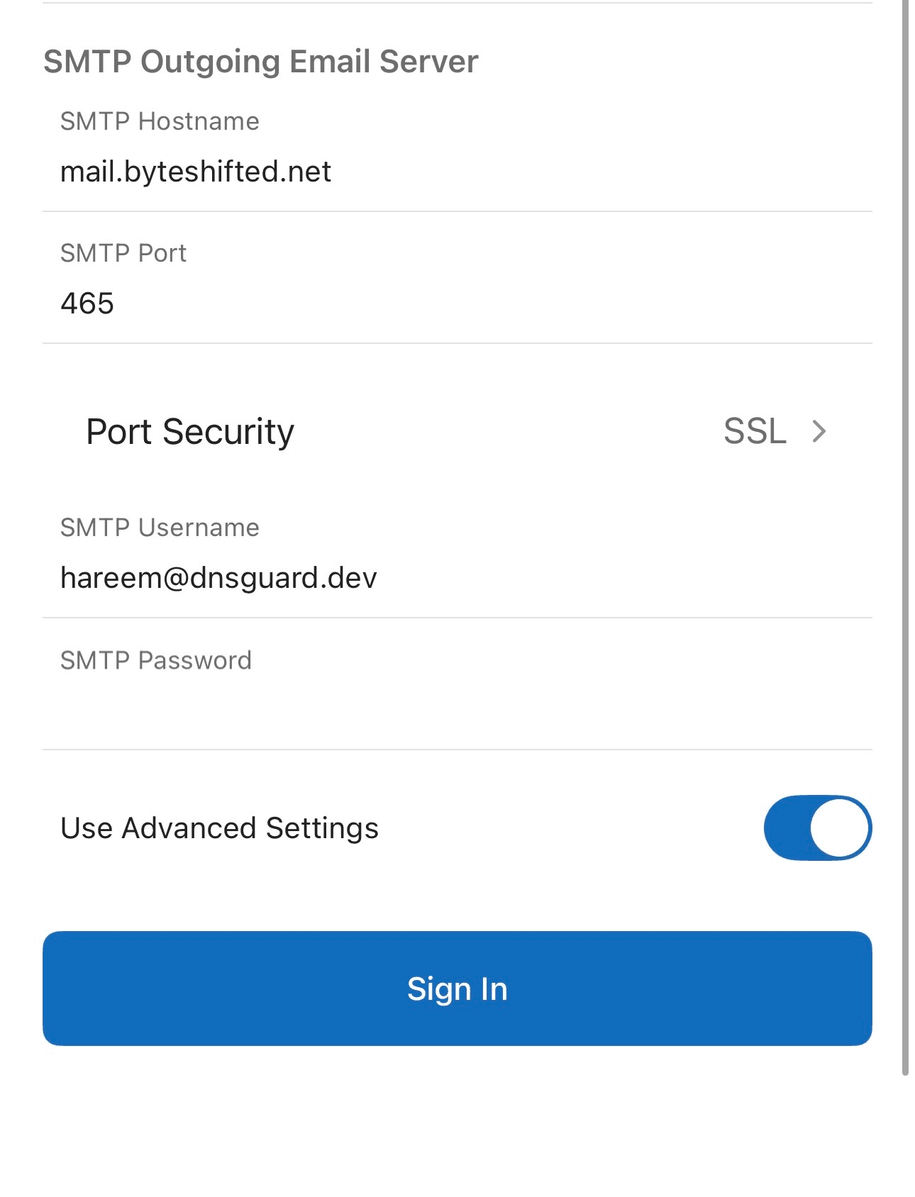 SMTP outgoing server settings with Sign In