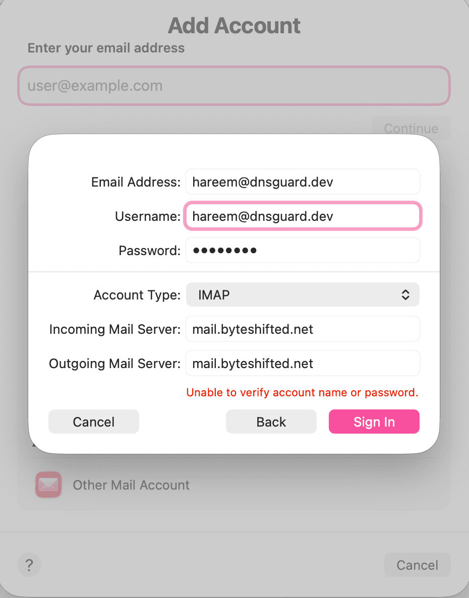 Manual IMAP and SMTP server settings
